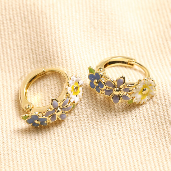 Blue Enamel Floral Huggie Hoop Earrings in Gold