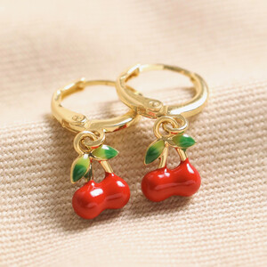 Enamel Red Cherry Charm Huggie Hoop Earrings in Gold