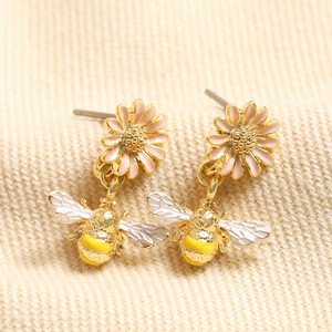 Yellow Bee With Pink Flower Drop Earrings