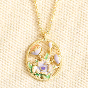 Enamel Birth Flower Outline Pendant Necklace in Gold - April