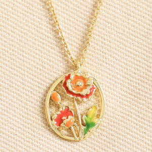 Enamel Birth Flower Outline Pendant Necklace in Gold - August