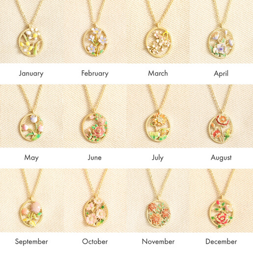 Enamel Birth Flower Outline Pendant Necklace in Gold collage 