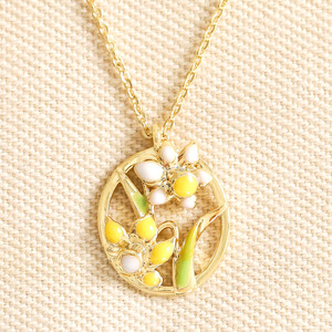 Enamel Birth Flower Outline Pendant Necklace in Gold - January