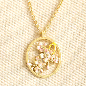Enamel Birth Flower Outline Pendant Necklace in Gold - March