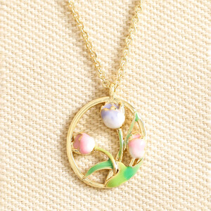 Enamel Birth Flower Outline Pendant Necklace in Gold - May