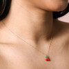 Close Up of Model Wearing Enamel Red Cherry Pendant Necklace in Gold