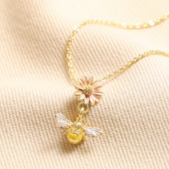 Yellow and Pink Enamel Floral Bee Pendant Necklace in Gold