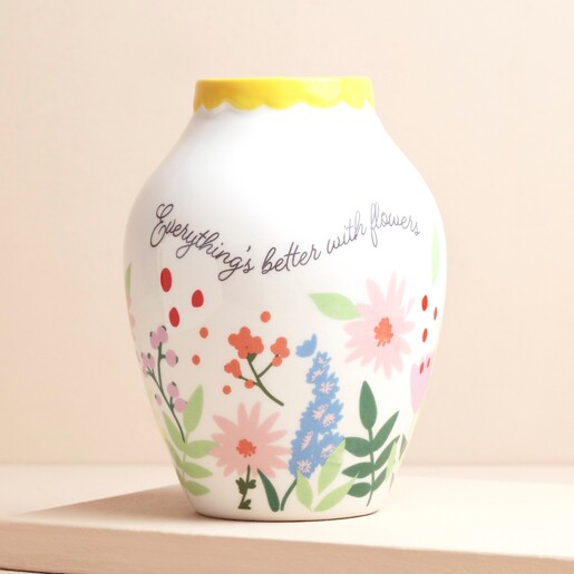 Better With Flowers Floral Ceramic Quote Vase on pink Surface