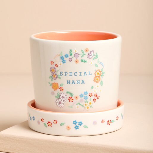 Floral Nana Planter and Tray on Beige Surface