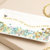 Close up of quote on Thank You Rectangular Floral Trinket Dish against neutral backdrop