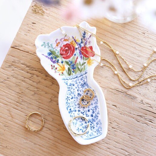 Flowers in Vase Bouquet Trinket Dish on top of wooden counter with jewellery on top and around