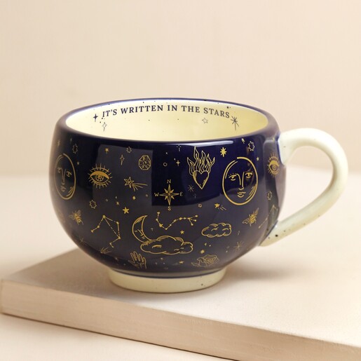 Starry Night Navy Crescent Moon Mug on Beige Surface