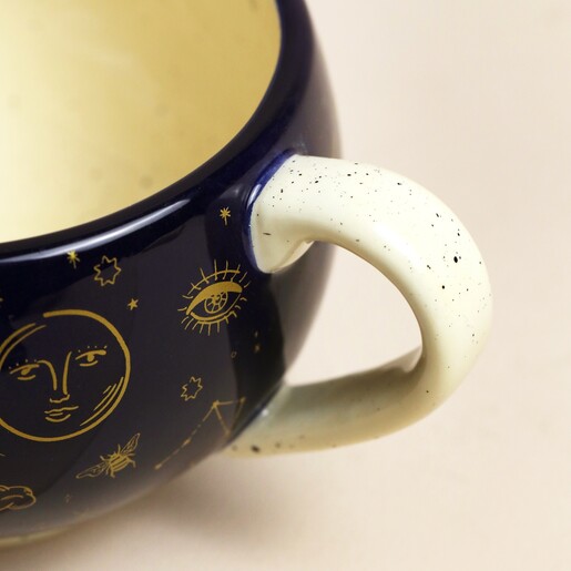Close Up of Handle on Starry Night Navy Crescent Moon Mug