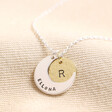 Personalised Crescent Moon Disc Pendant Necklace in silver against cream coloured material