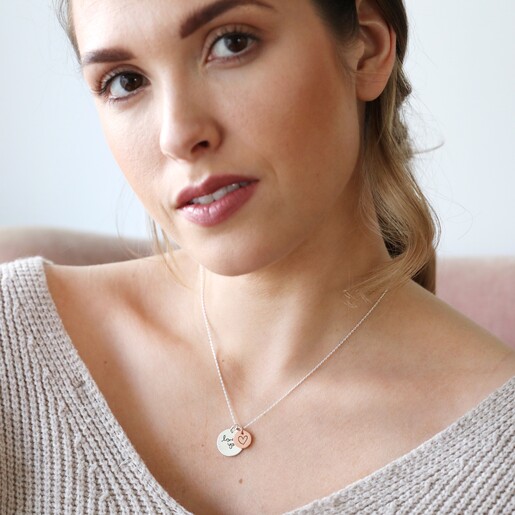 Necklace on Model Personalised 'Your Drawing' Double Disc Charm Necklace on model against grey coloured backdrop