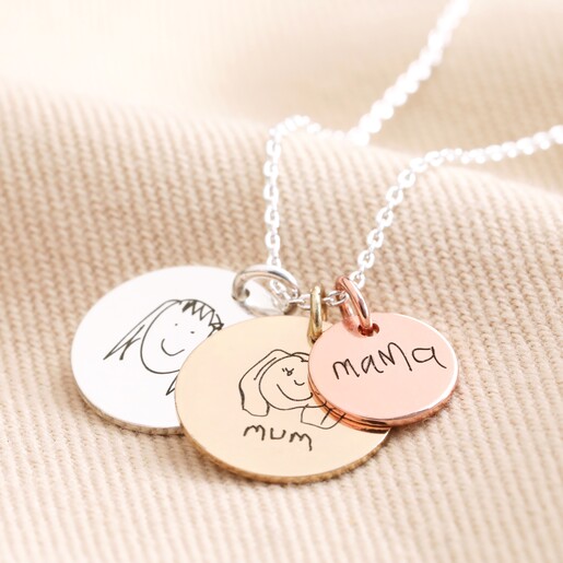Personalised 'Your Drawing' Double Disc Charm Necklace Personalised 'Your Drawing' Double Disc Charm Necklace with two large disc charms and one small disc charm against beige backdrop