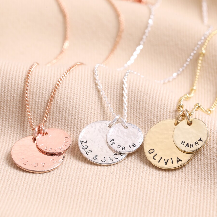Personalised Hammered Double Disc Charm Necklace
