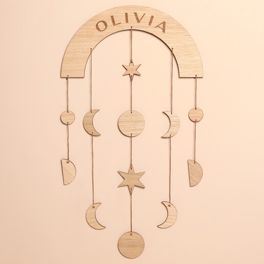 Personalised Wooden Moon Phase Wall Hanging Personalised Wooden Moon Phase Wall Hanging on Pink Wall