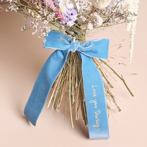 Personalised Handwriting Velvet Wedding Bow Decoration Close Up of Personalised Handwriting Velvet Wedding Bow Decoration on Flowers
