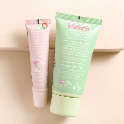 Ingredients on tubes of Heathcote & Ivory Nathalie Lete Forest Folk Hand and Lip Tin