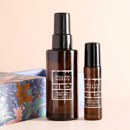 Heathcote & Ivory William Morris at Home Essential Sleep Duo with products outside of packaging