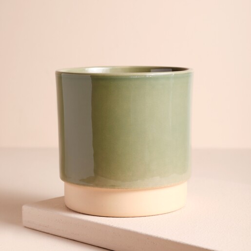 Ivyline Polished Green Planter on a beige backrgound.