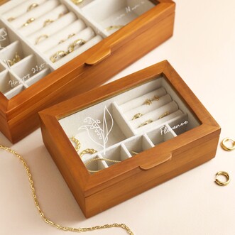 Personalised Birth Flower Glass Top Wooden Jewellery Box
