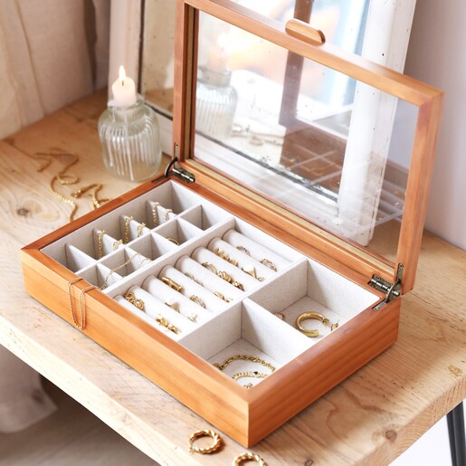 Open Lid of Large Personalised Birth Flower Glass Top Wooden Jewellery Box 