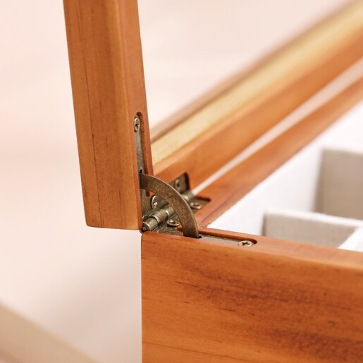 Hinge of Large Personalised Birth Flower Glass Top Wooden Jewellery Box on Beige Background