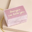 'Georgia I Love You' Personalised Pink Velvet Bracelet Box on Beige Background