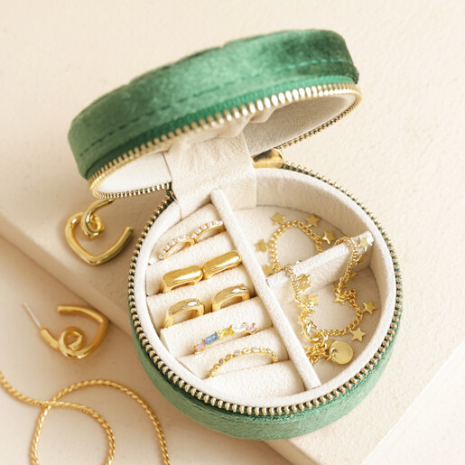 Personalised Quilted Velvet Mini Round Travel Jewellery Case in green open with jewellery inside 
