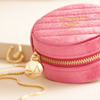 Personalised Quilted Velvet Mini Round Travel Jewellery Case in pink against beige background