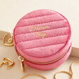 Personalised Quilted Velvet Mini Round Travel Jewellery Case in pink 