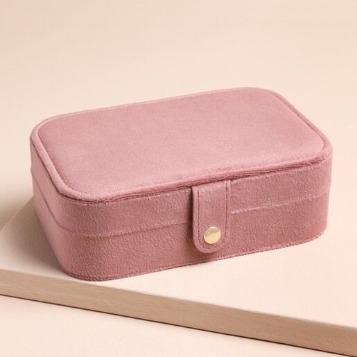 Rose Pink Velvet Rectangular Travel Jewellery Case on Neutral Background