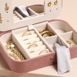 Close Up of Compartments in Rose Pink Velvet Rectangular Travel Jewellery Case