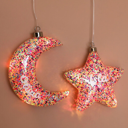 Personalised Hanging Pink Glitter LED Moon Light Hanging With Star Version on Pink Wall