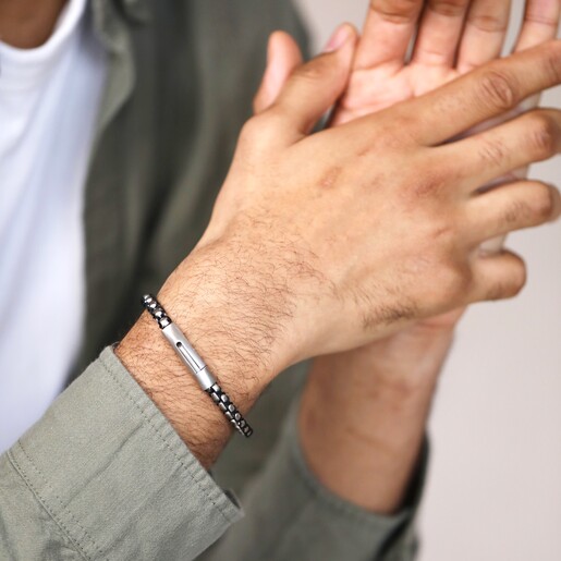 Close up of Personalised Men's Stainless Steel Silver and Black Ball Chain Bracelet on Model
