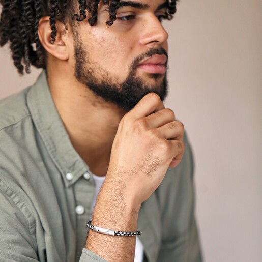 Personalised Men's Stainless Steel Silver and Black Ball Chain Bracelet on Model