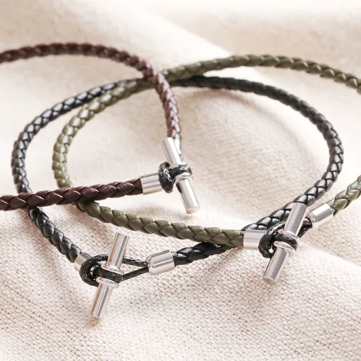 Personalised Men's Braided Vegan Leather T-Bar Bracelet on Neutral Fabric