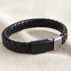 Men's Woven Black Leather Bracelet with Black & Grey Clasp - L