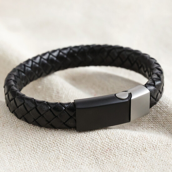 Men's Woven Black Leather Bracelet with Black & Grey Clasp - M