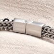 Close up of personalisation on Personalised Clasp Men's Stainless Steel Black Cord Woven Chain Bracelet