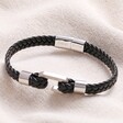 Personalised Clasp Men's Stainless Steel Hook Feature Leather Bracelet in Black against beige coloured fabric
