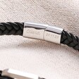 Close up of personalisation on Personalised Clasp Men's Stainless Steel Hook Feature Leather Bracelet in Black