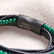Close up of personalisation on Personalised Men's Malachite Bead and Leather Layered Bracelet in Black