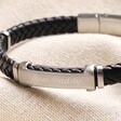 Close Up of Engraving on Personalised Men's Stainless Steel Feature Braided Leather Bracelet in Black 