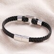 Personalised Men's Stainless Steel Hook Feature Leather Bracelet in Black on top of neutral coloured fabric