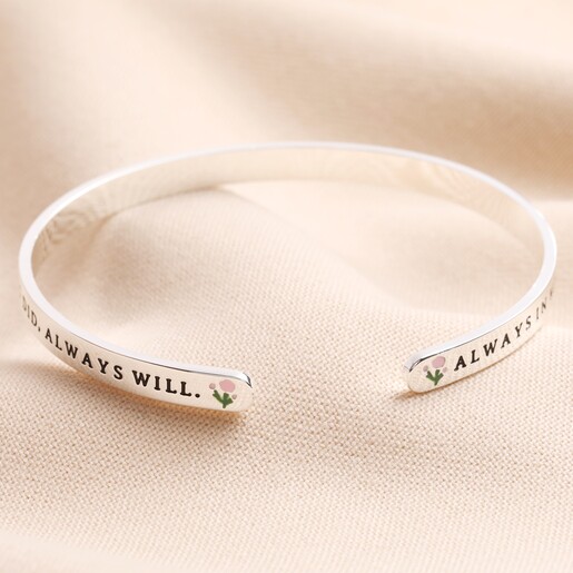 Always in My Thoughts Meaningful Word Bangle in Silver Close up of ends on Always in My Thoughts Meaningful Word Bangle in Silver against beige material