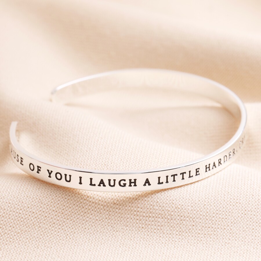 Laugh a Little Harder Meaningful Word Bangle in Silver