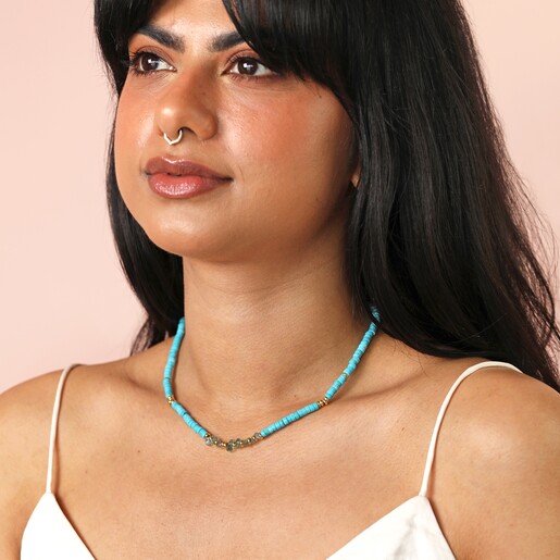model shot of the Blue Semi-Precious Heishi Beaded Necklace in Gold